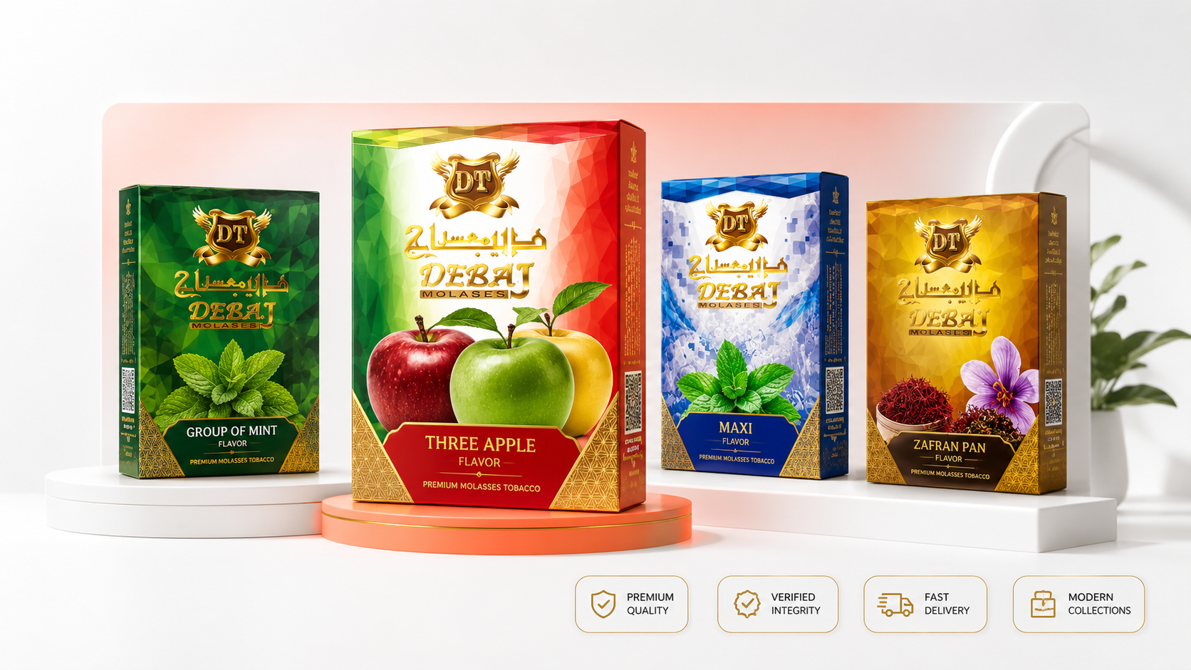 Premium Debaj Tobacco molasses collection — Group of Mint, Three Apple, Maxi, and Zafran Pan flavors
